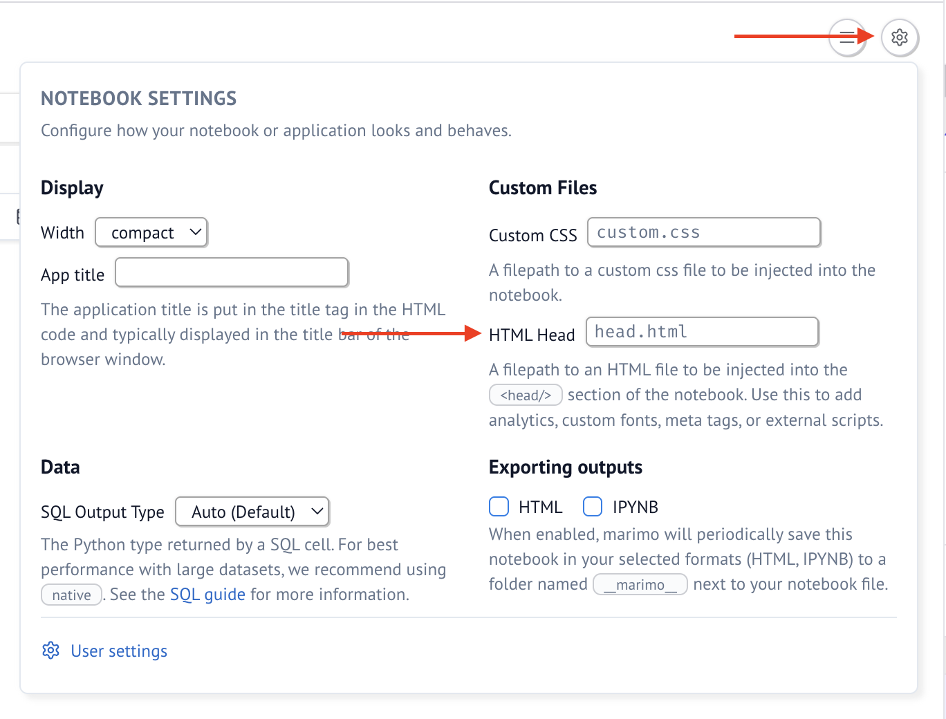 Marimo settings and head.html option